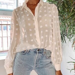 Lulus Cream Dotted Sheer Long Sleeve Button-up Top Beige - Size S